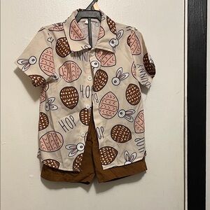 Kids Bunny Print Short Set - Brown and Pink